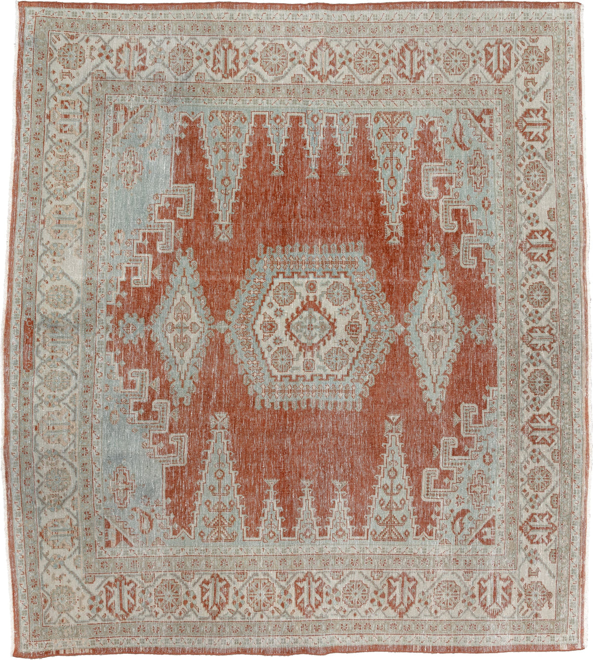 8' x 7' one-of-a-kind handmade antique Veece rug. Color palette: terracotta, ivory, pale blue gray, rust, taupe, sage, coral