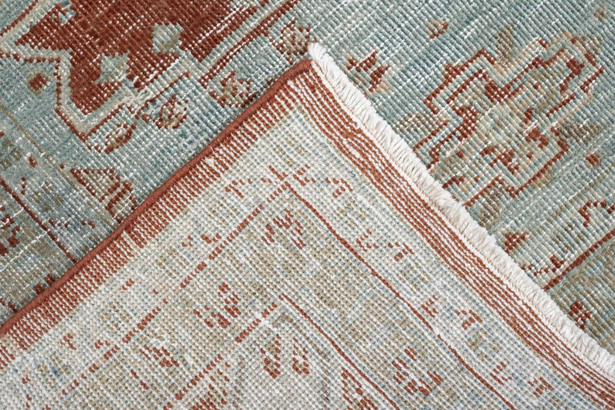 8' x 7' one-of-a-kind handmade antique Veece rug. Color palette: terracotta, ivory, pale blue gray, rust, taupe, sage, coral