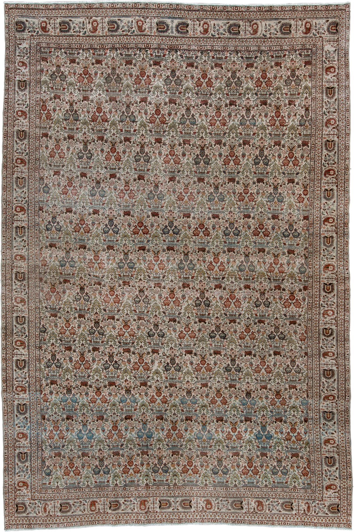 7' x 10' one-of-a-kind handmade antique Varamin large size rug. Color palette: ivory, rust, muted teal, sage, charcoal