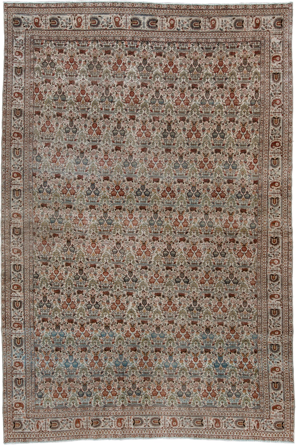 7' x 10' one-of-a-kind handmade antique Varamin large size rug. Color palette: ivory, rust, muted teal, sage, charcoal