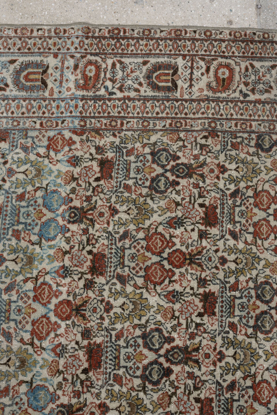 7' x 10' one-of-a-kind handmade antique Varamin large size rug. Color palette: ivory, rust, muted teal, sage, charcoal