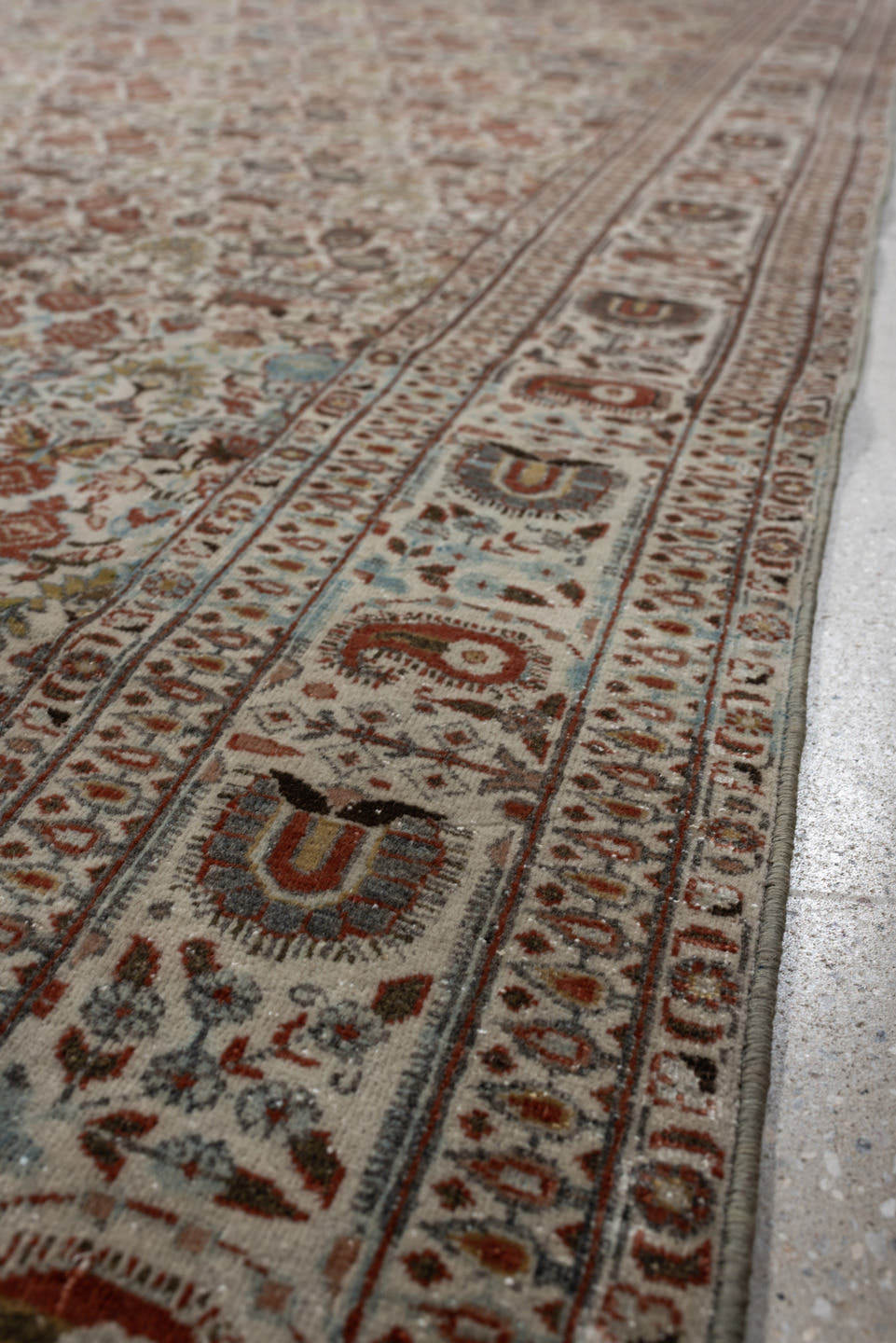7' x 10' one-of-a-kind handmade antique Varamin large size rug. Color palette: ivory, rust, muted teal, sage, charcoal