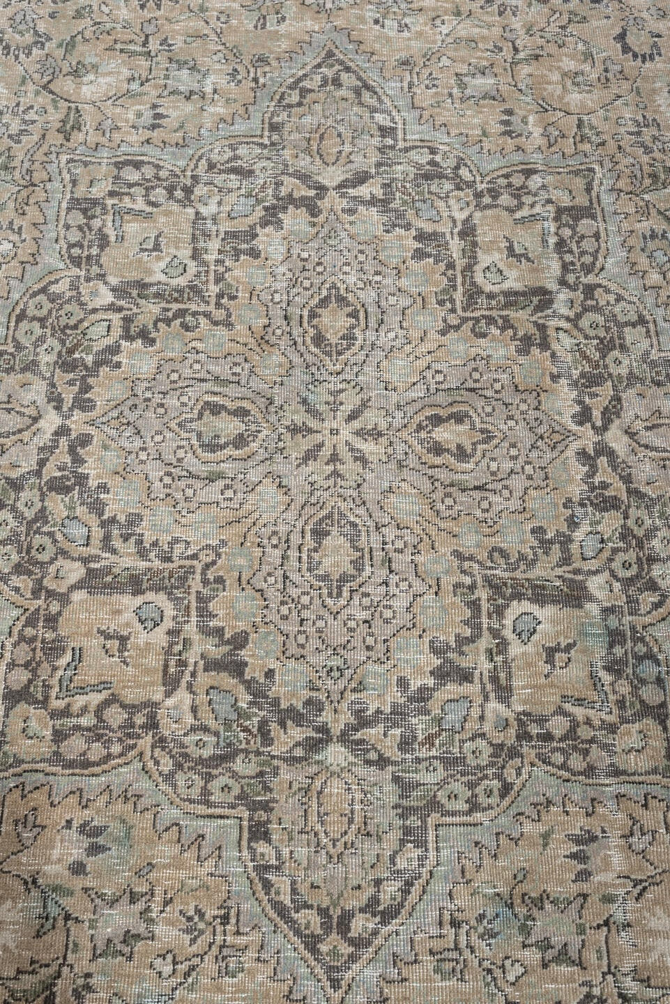 5' x 8' one-of-a-kind handmade antique Tabriz medium size rug. Color palette: ivory, taupe, charcoal, stone, sage, camel