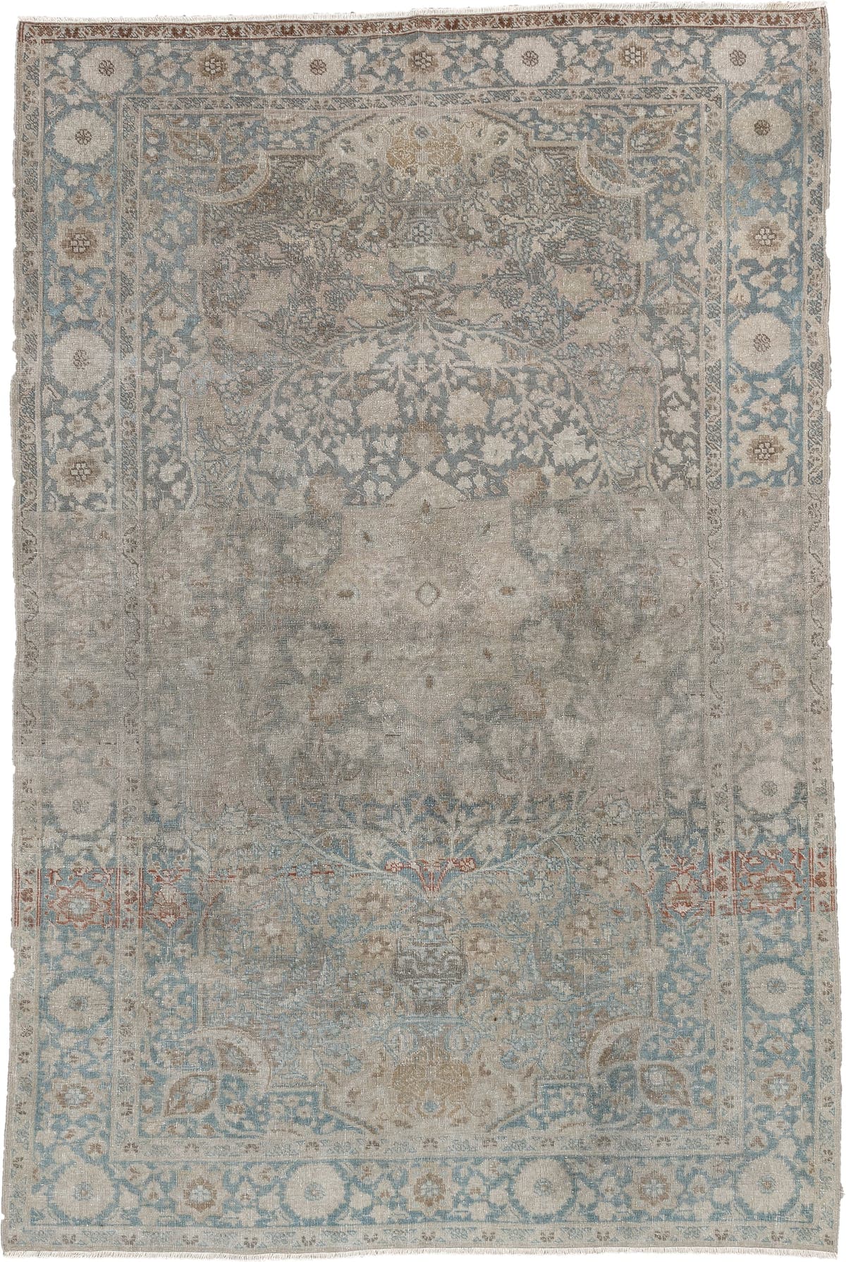 4' x 6' one-of-a-kind handmade antique Tabriz small size rug. Color palette: ivory, pale blue, taupe, beige, slate, camel