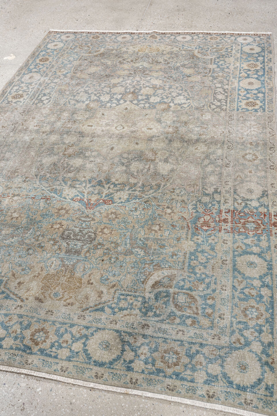 4' x 6' one-of-a-kind handmade antique Tabriz small size rug. Color palette: ivory, pale blue, taupe, beige, slate, camel
