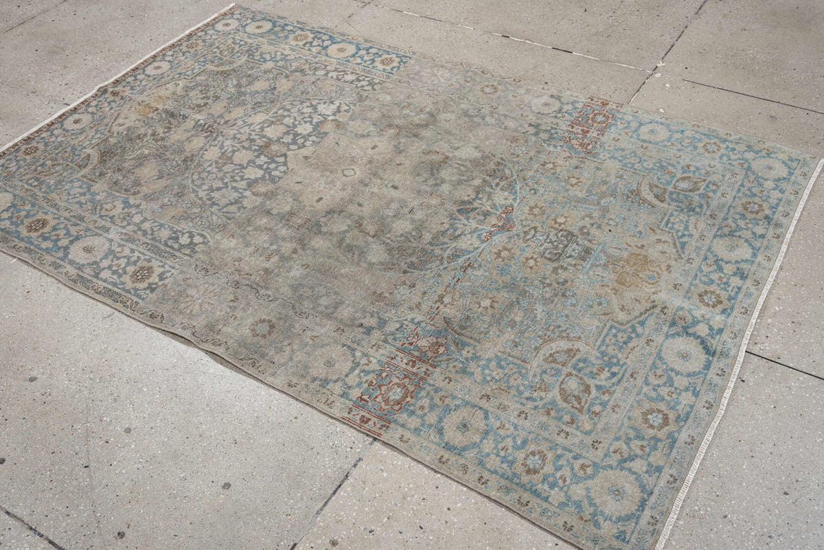 4' x 6' one-of-a-kind handmade antique Tabriz small size rug. Color palette: ivory, pale blue, taupe, beige, slate, camel