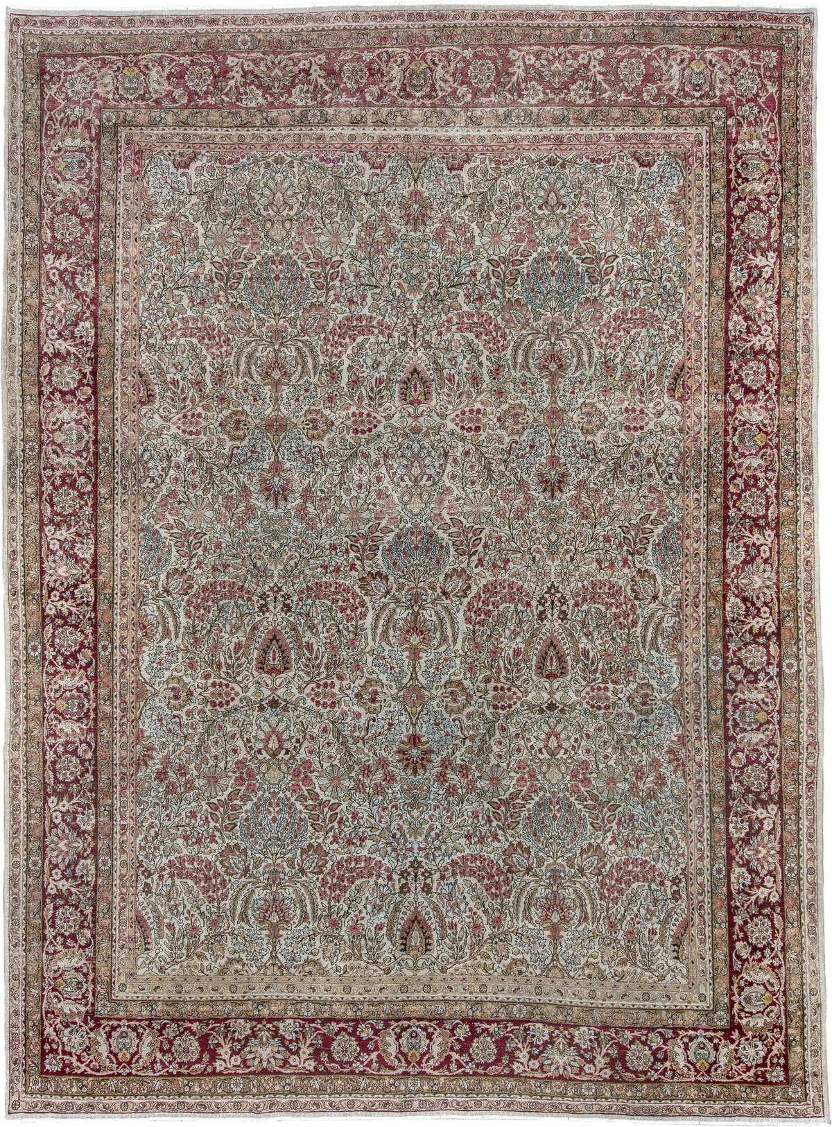 8' x 11' one-of-a-kind handmade antique Kerman large size rug. Color palette: ivory, crimson, burgundy, dusty blue, rose