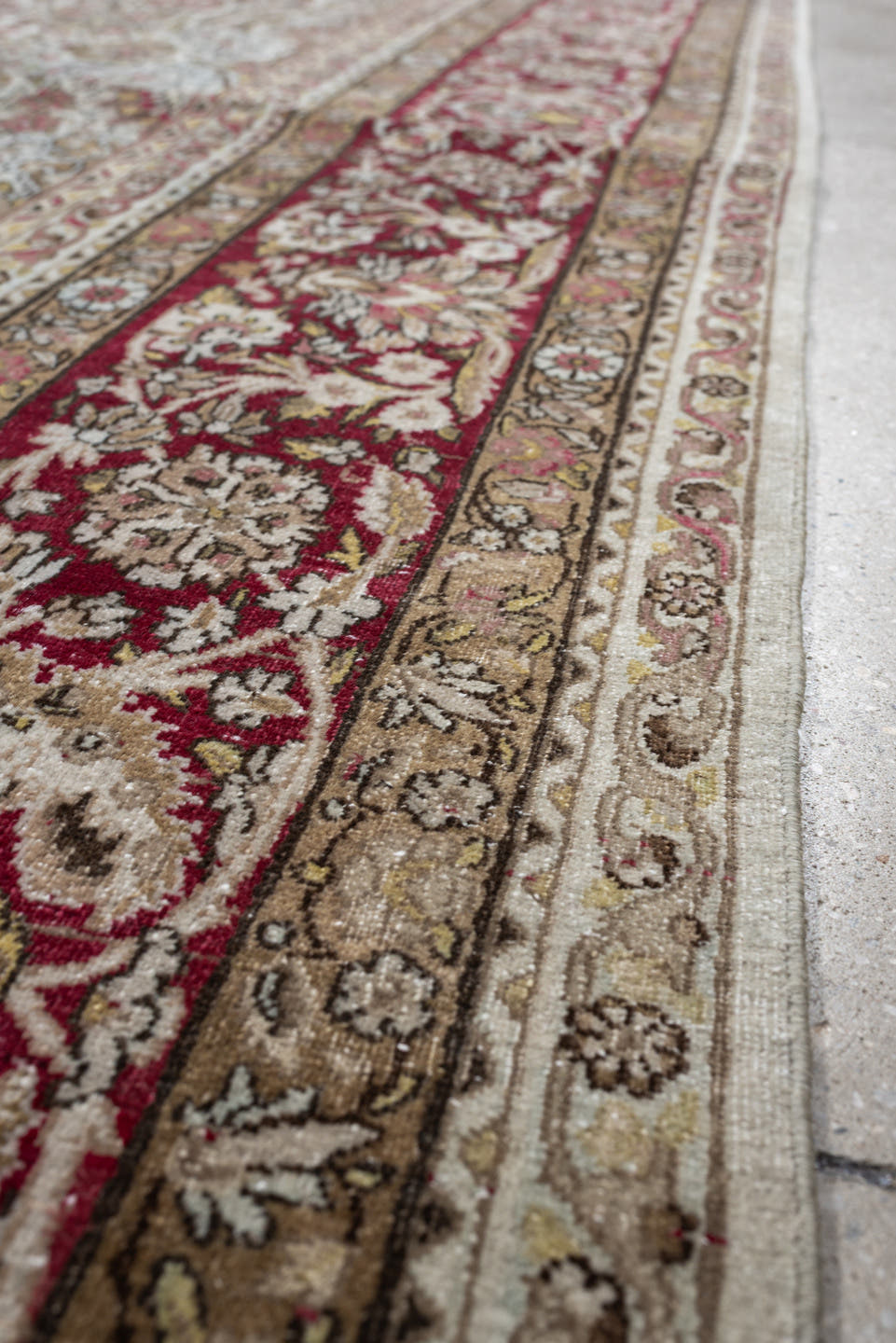 8' x 11' one-of-a-kind handmade antique Kerman large size rug. Color palette: ivory, crimson, burgundy, dusty blue, rose