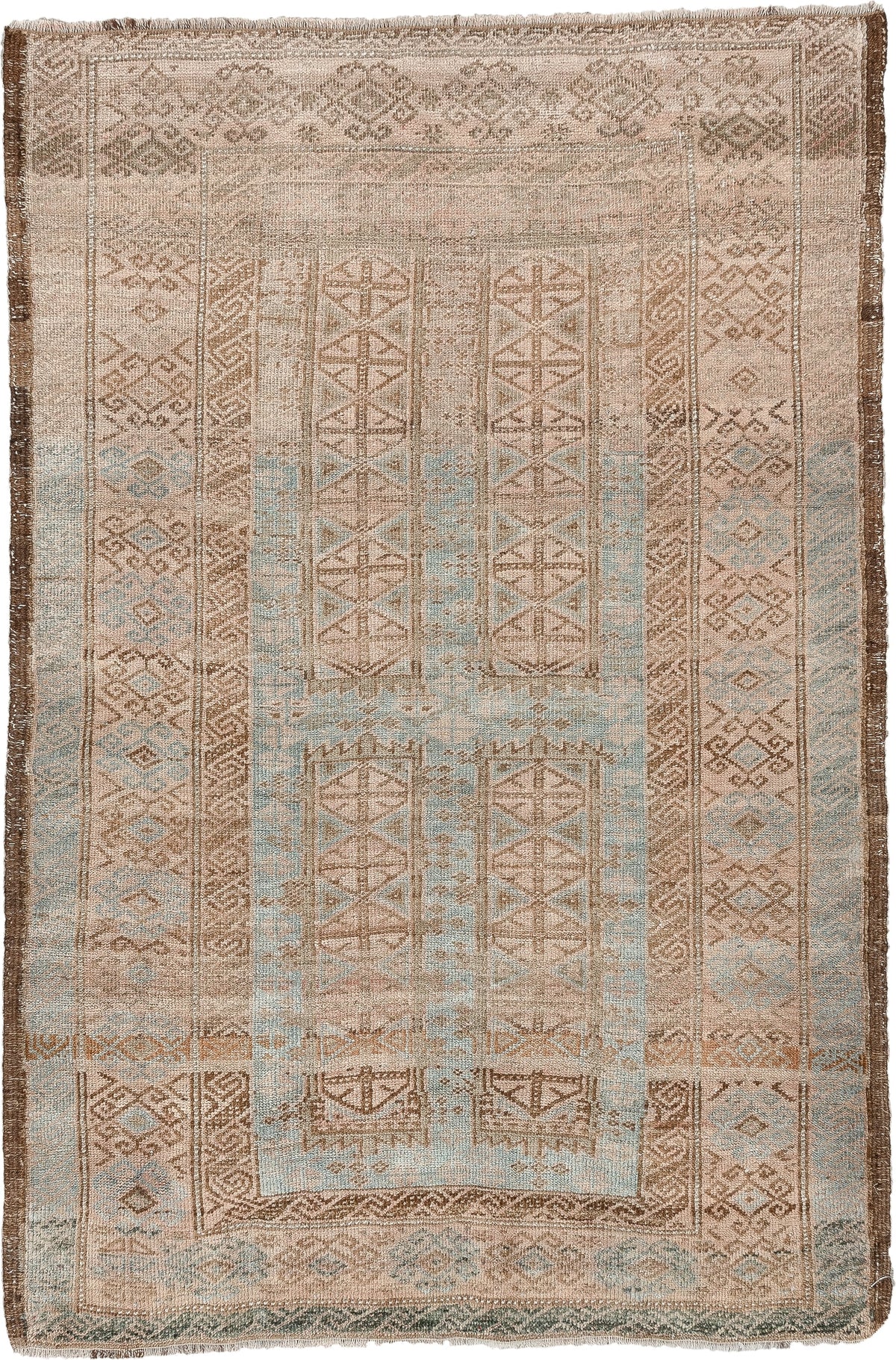 3' x 5' one-of-a-kind handmade antique Belouch small size rug. Color palette: camel, taupe, pale blue, ivory, brown, slate