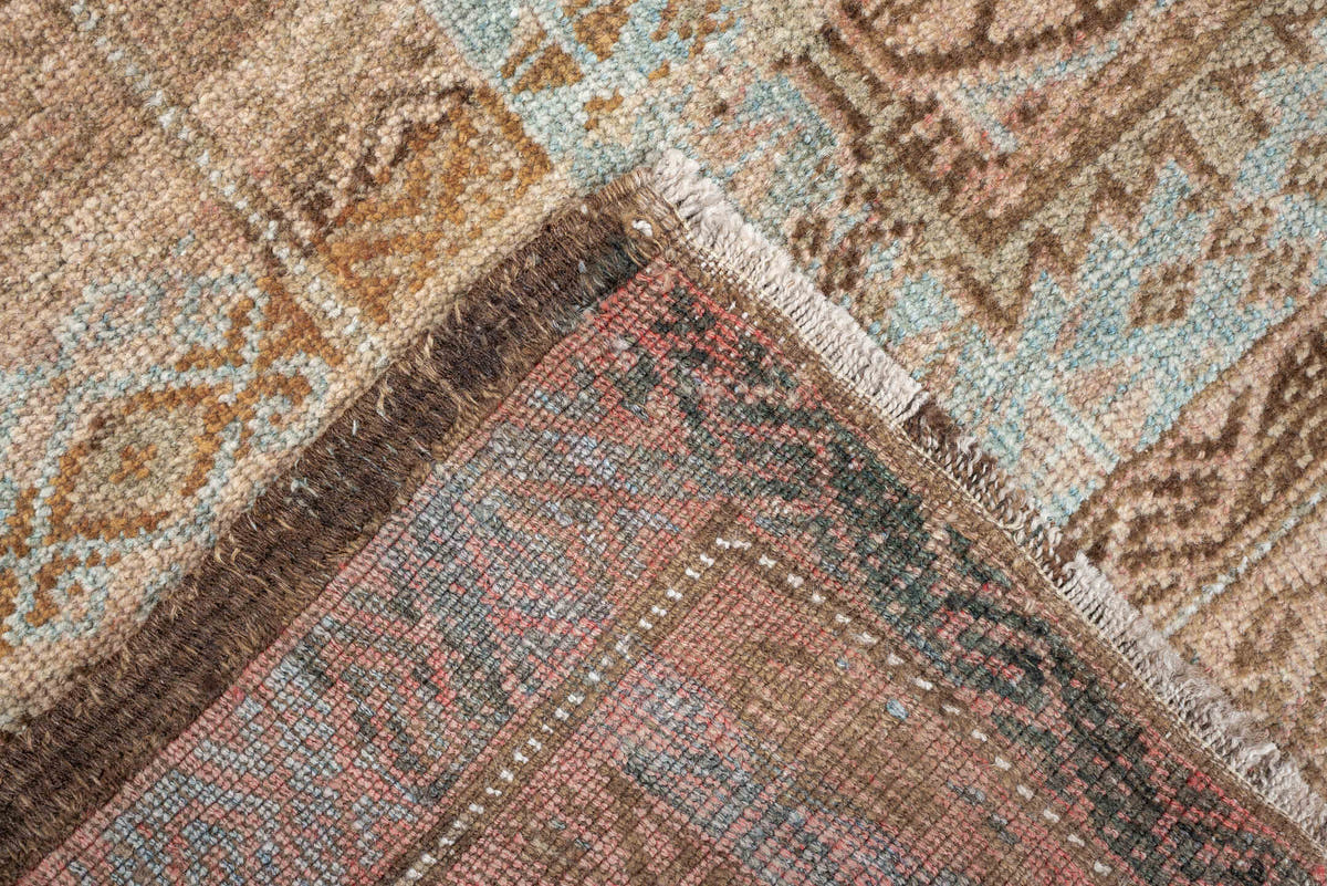 3' x 5' one-of-a-kind handmade antique Belouch small size rug. Color palette: camel, taupe, pale blue, ivory, brown, slate