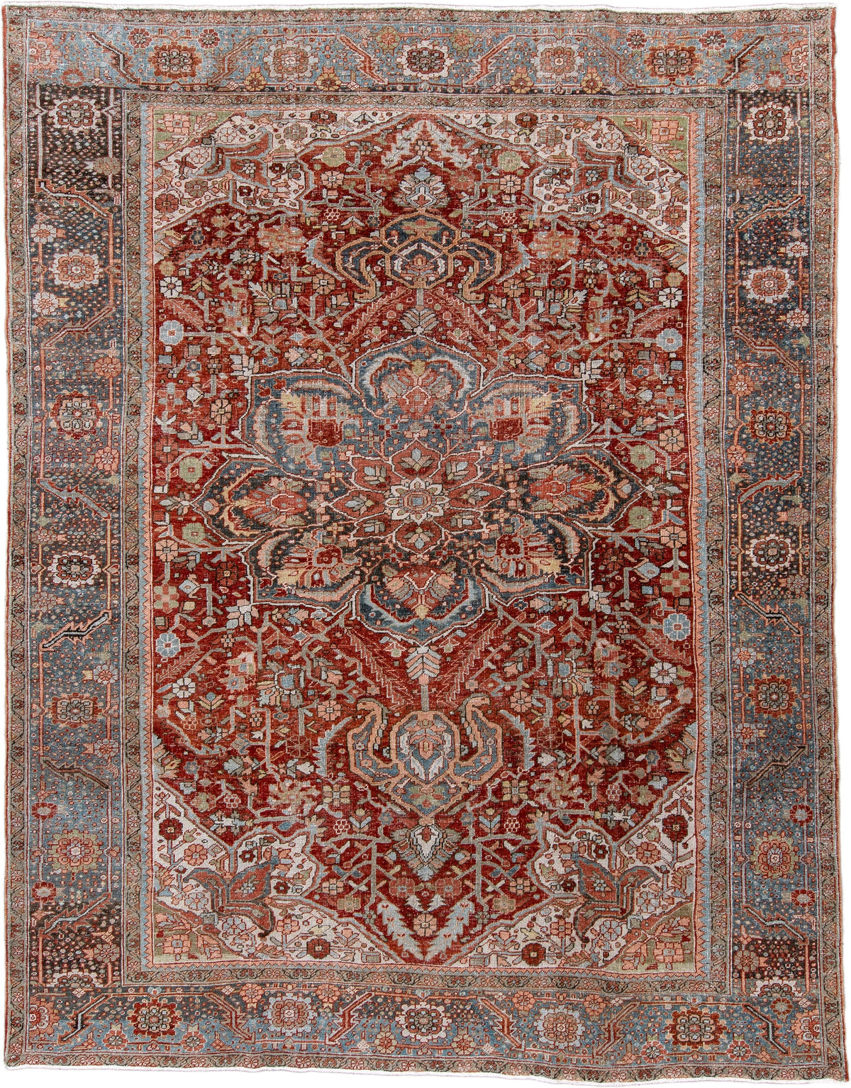 8' x 11' one-of-a-kind handmade antique Heriz large size rug. Color palette: rust, powder blue, ivory, navy, terracotta