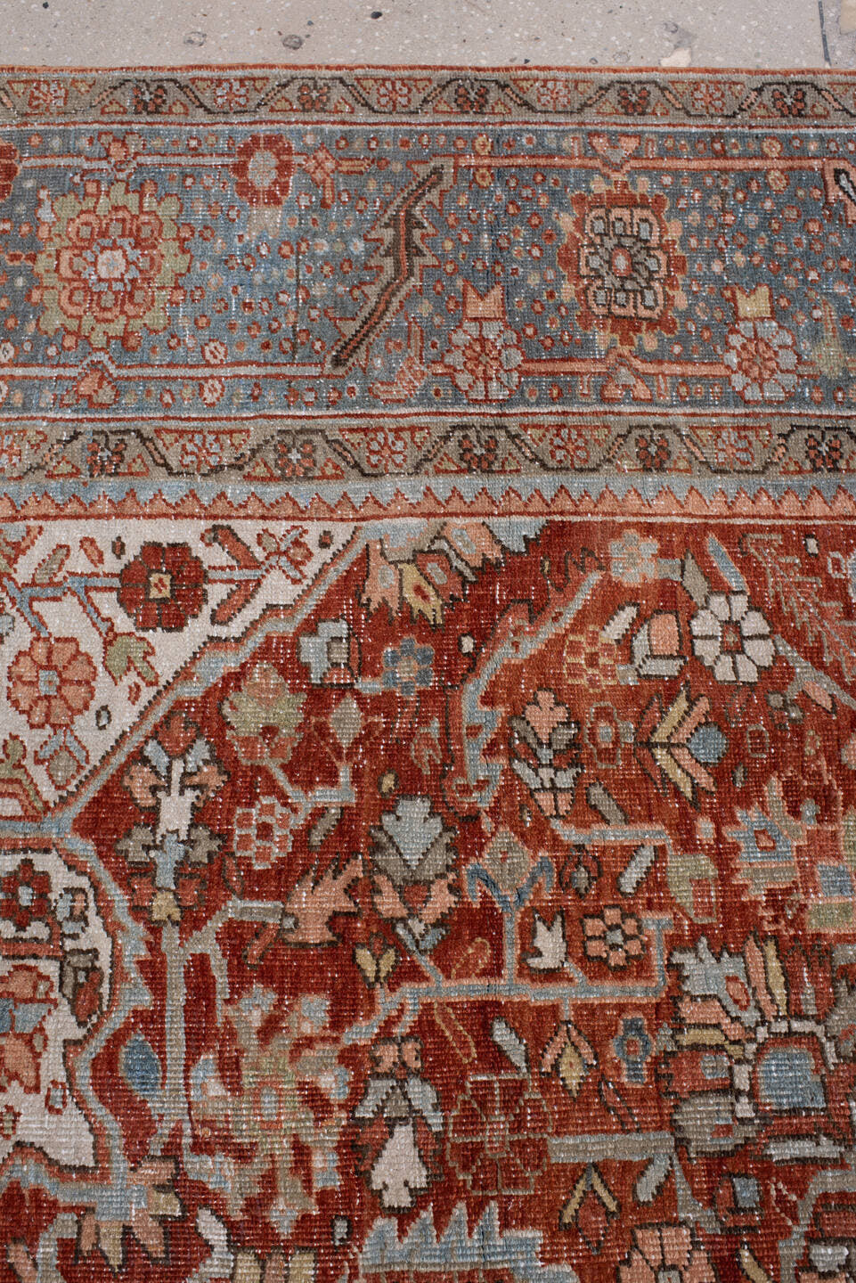 8' x 11' one-of-a-kind handmade antique Heriz large size rug. Color palette: rust, powder blue, ivory, navy, terracotta