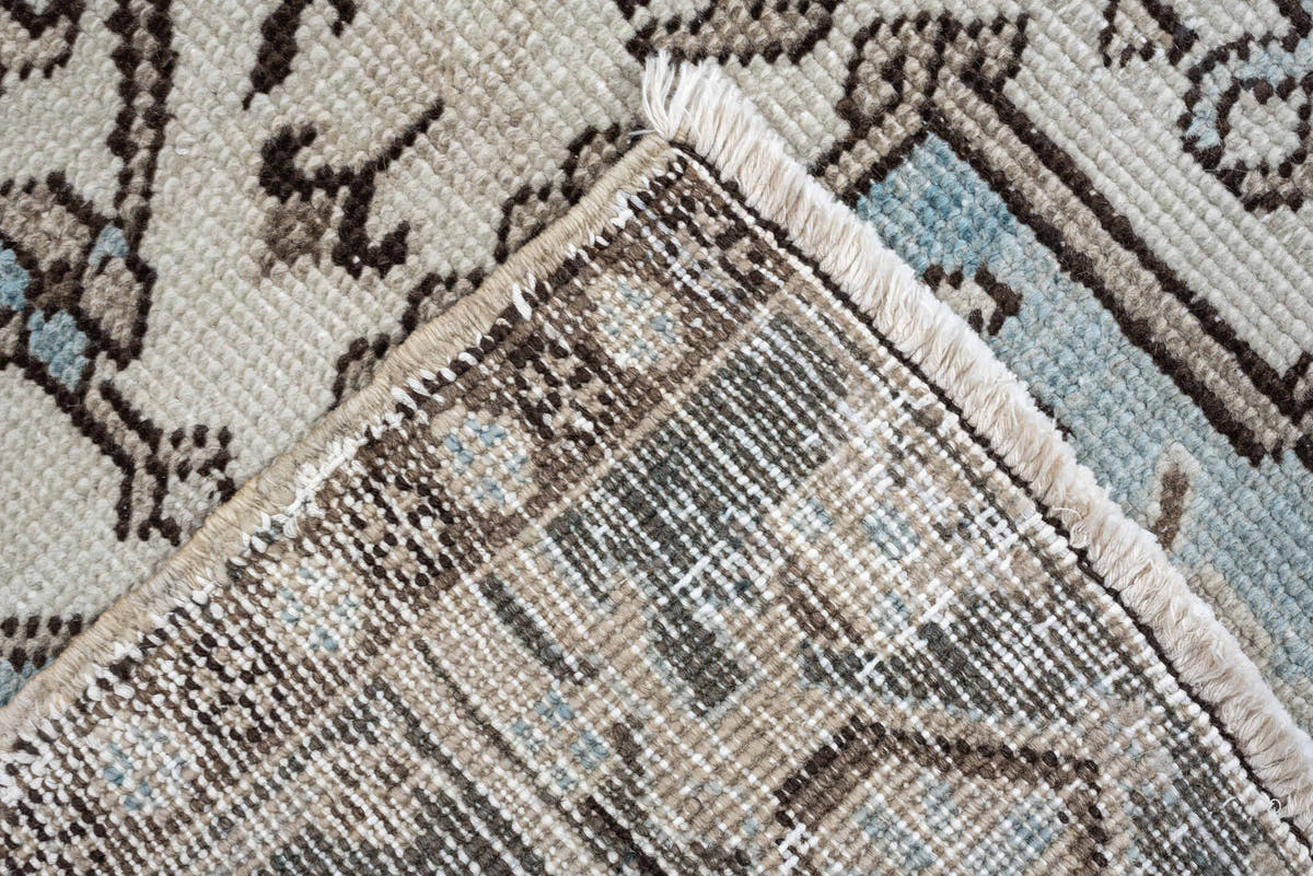 7' x 11' one-of-a-kind handmade antique Heriz large size rug. Color palette: ivory, taupe, charcoal, slate blue, dark brown