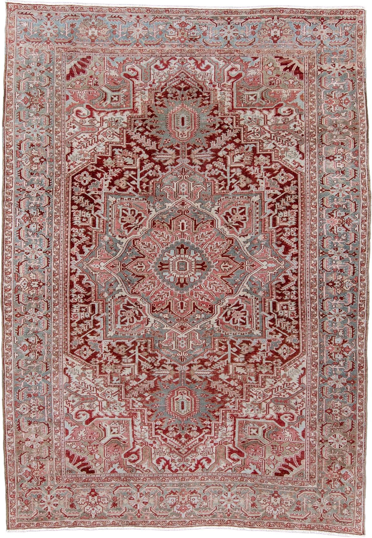 7' x 10' one-of-a-kind handmade antique Heriz large size rug. Color palette: brick red, blue gray, ivory, rose, taupe