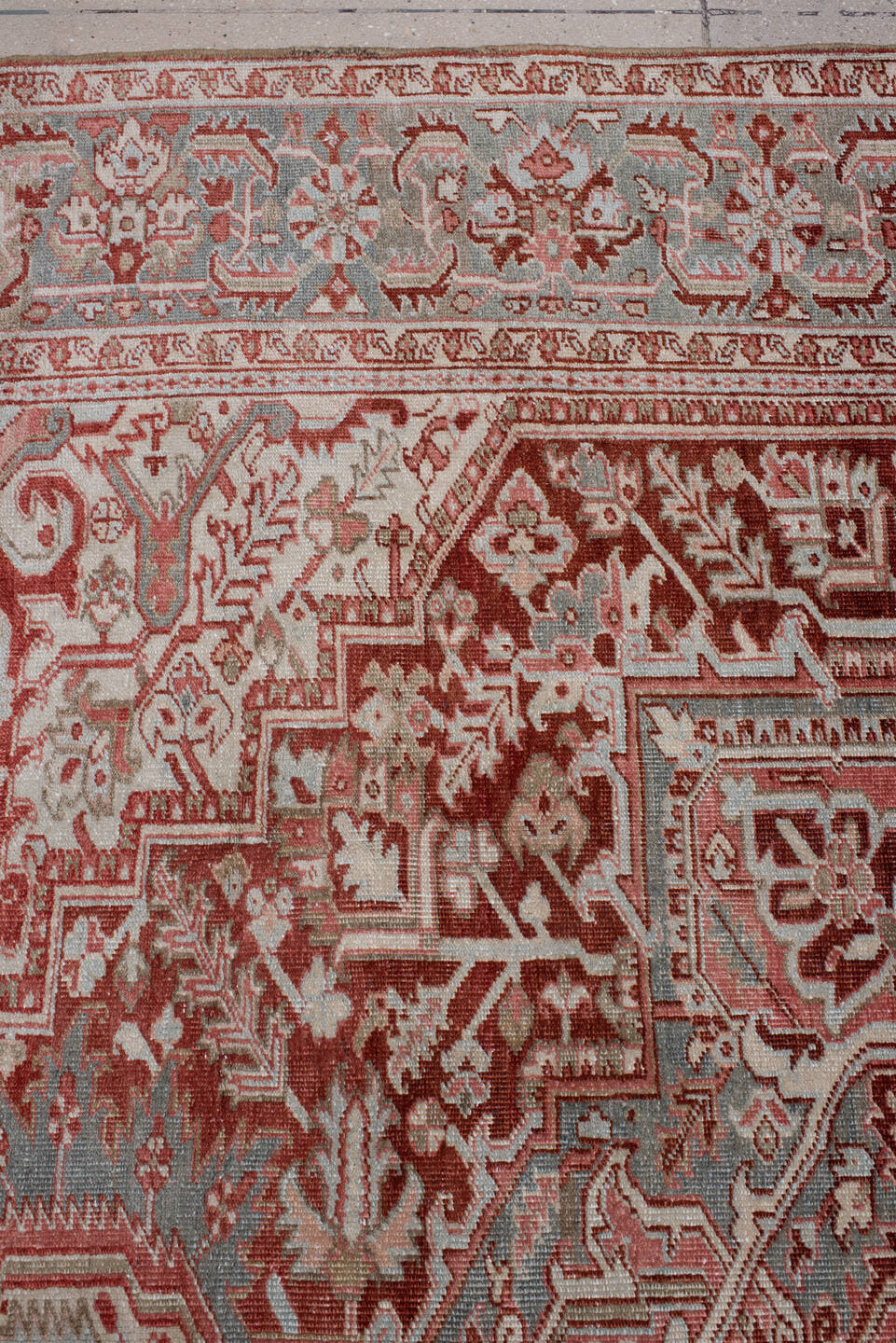 7' x 10' one-of-a-kind handmade antique Heriz large size rug. Color palette: brick red, blue gray, ivory, rose, taupe
