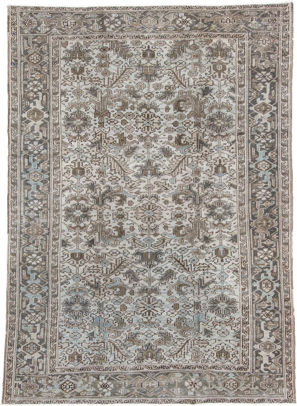 7' x 10' one-of-a-kind handmade antique Heriz large size rug. Color palette: ivory, taupe, charcoal, pale blue, brown, gray