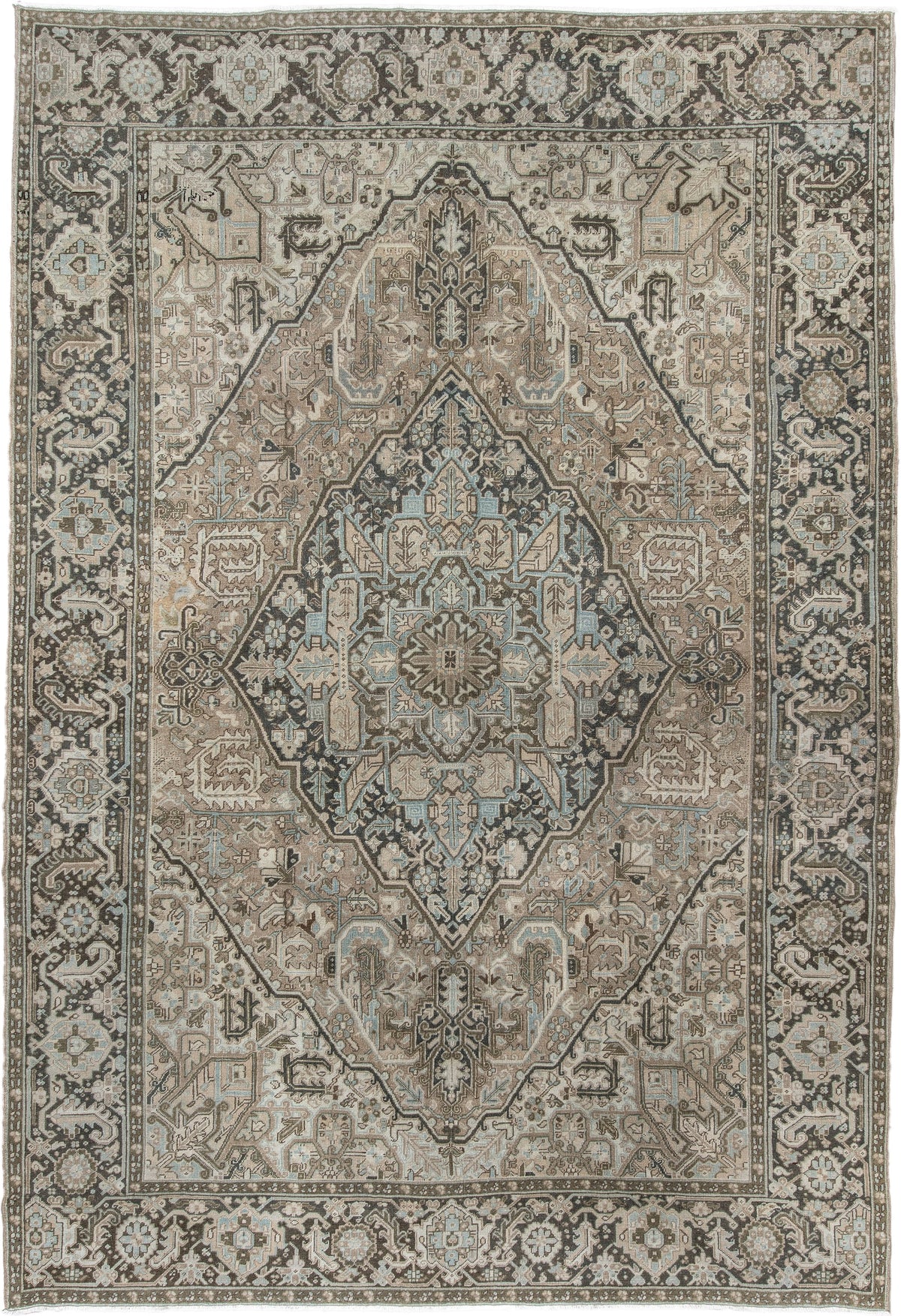 8' x 11' one-of-a-kind handmade antique Heriz large size rug. Color palette: taupe, ivory, charcoal, pale blue, camel, slate