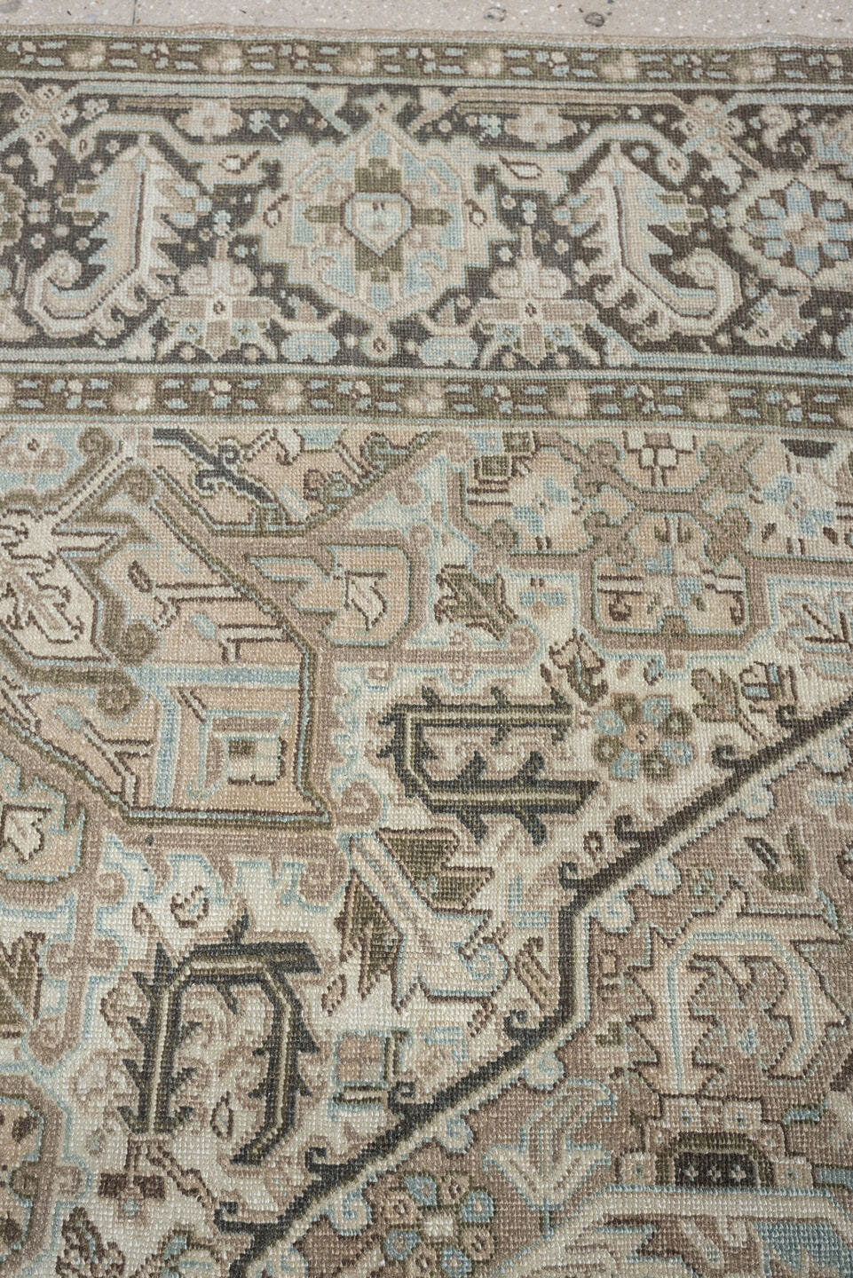 8' x 11' one-of-a-kind handmade antique Heriz large size rug. Color palette: taupe, ivory, charcoal, pale blue, camel, slate