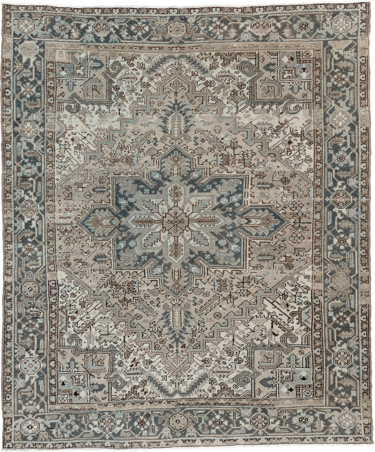 7' x 8' one-of-a-kind handmade antique Heriz rug. Color palette: ivory, blue gray, taupe, slate, brown, charcoal, sage