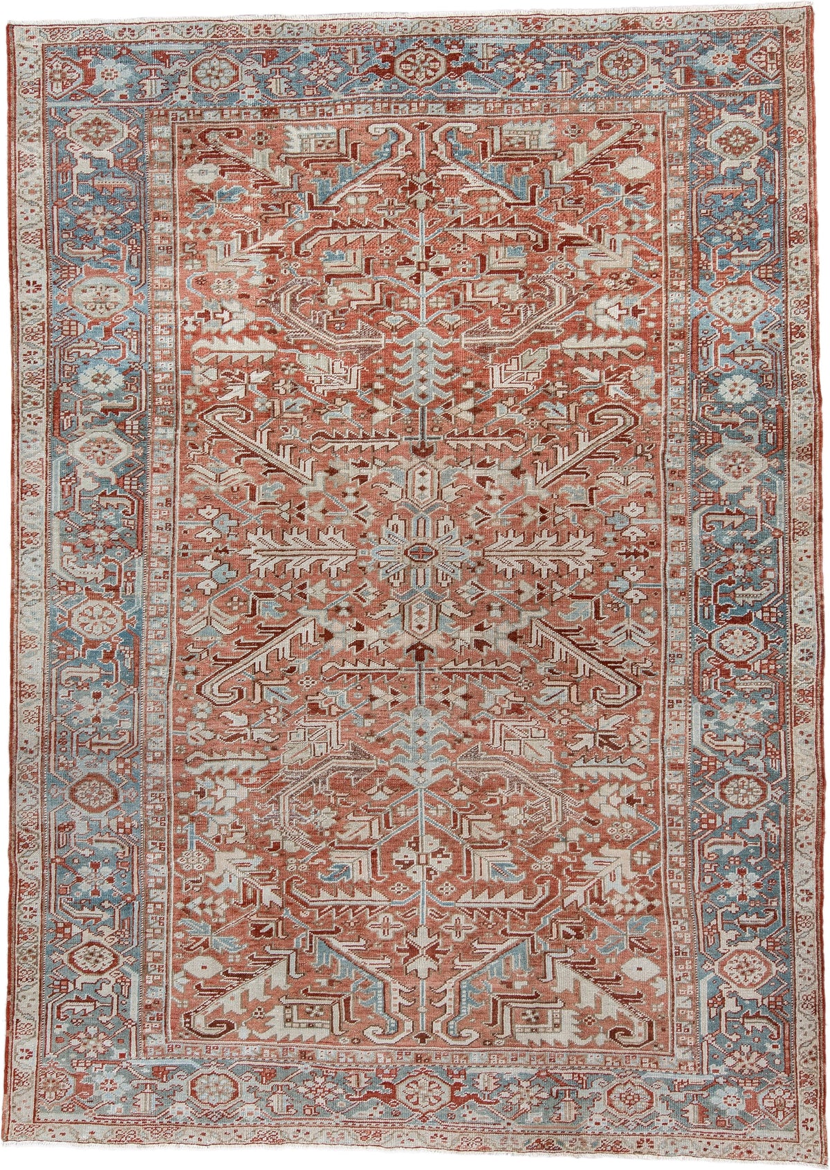 7' x 10' one-of-a-kind handmade antique Heriz large size rug. Color palette: terra cotta, ivory, blue gray, rust, pale blue