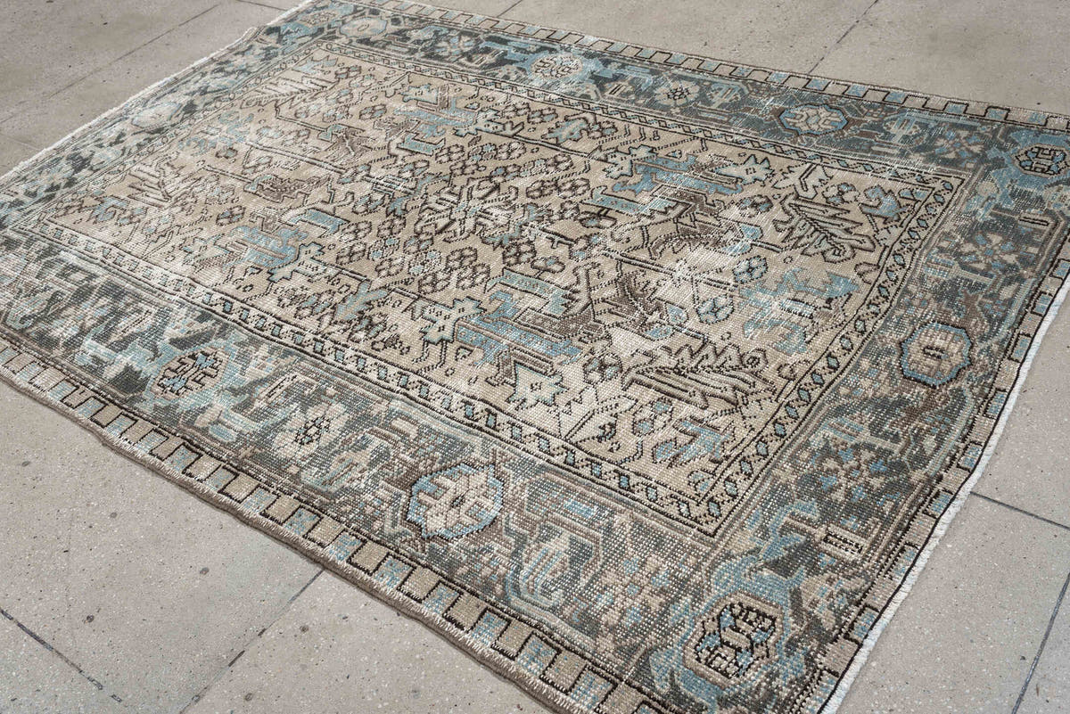 5' x 7' one-of-a-kind handmade antique Heriz medium size rug. Color palette: ivory, blue gray, aqua, charcoal, taupe, cream