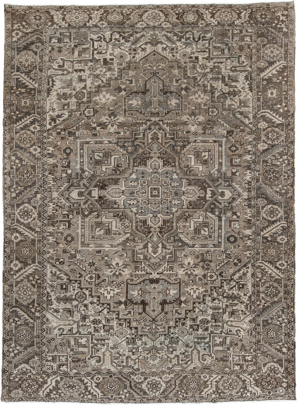 9' x 13' one-of-a-kind handmade antique Heriz large size rug. Color palette: taupe, ivory, charcoal, brown, slate, camel