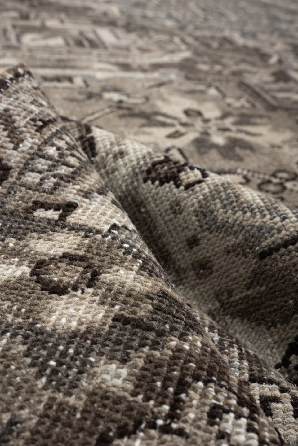 9' x 13' one-of-a-kind handmade antique Heriz large size rug. Color palette: taupe, ivory, charcoal, brown, slate, camel