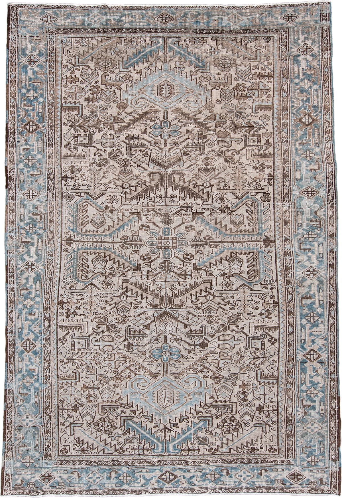 7' x 11' one-of-a-kind handmade antique Heriz large size rug. Color palette: ivory, blue gray, taupe, chocolate brown, slate
