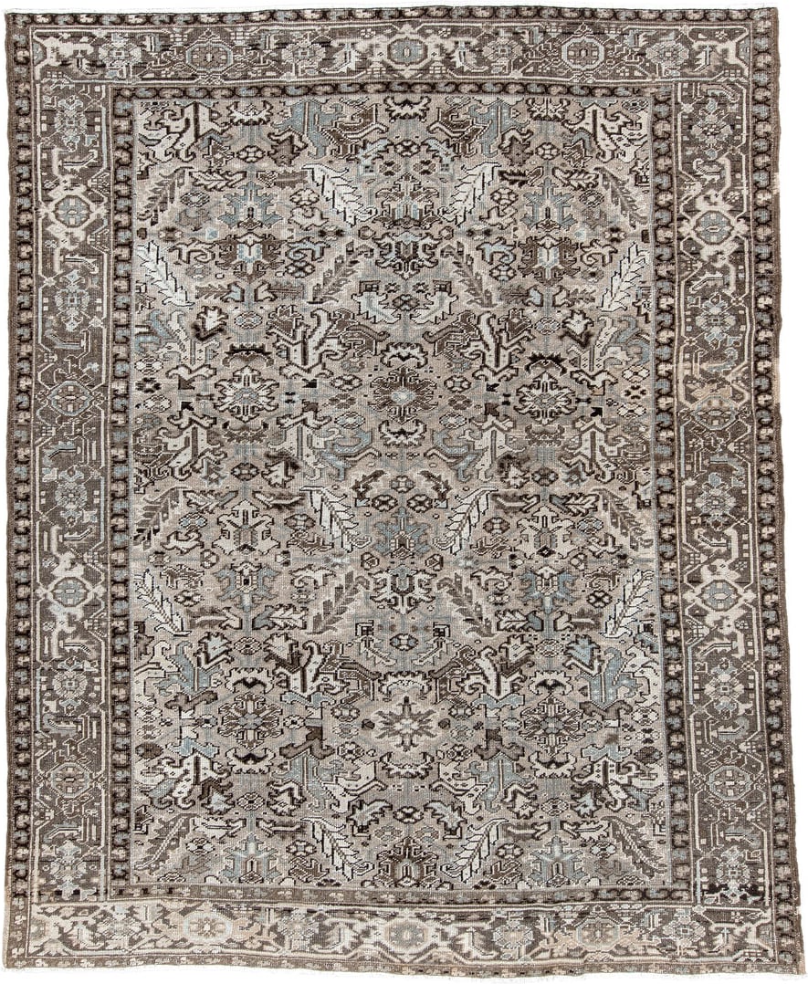 7' x 9' one-of-a-kind handmade antique Heriz large size rug. Color palette: ivory, taupe, charcoal, pale blue, gray, brown