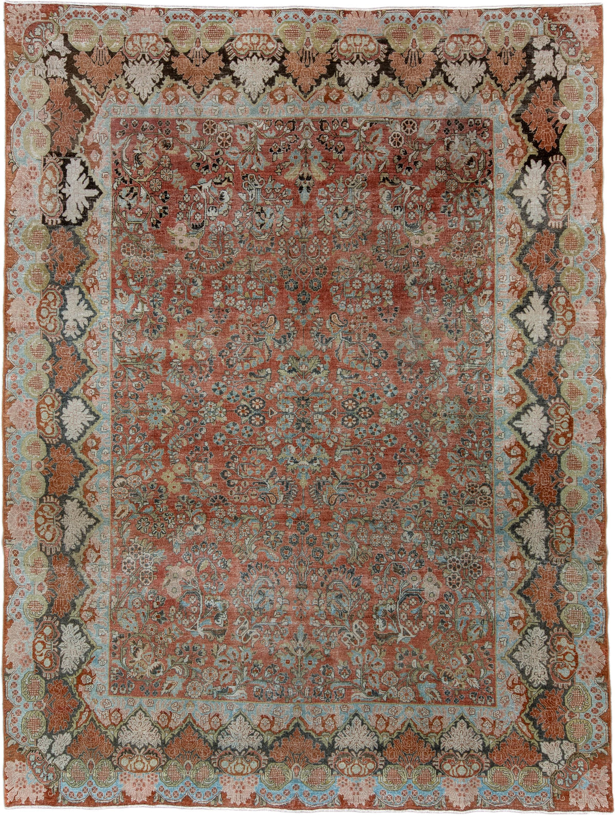 8' x 11' one-of-a-kind handmade antique Sarouk large size rug. Color palette: terracotta, powder blue, ivory, rust, charcoal
