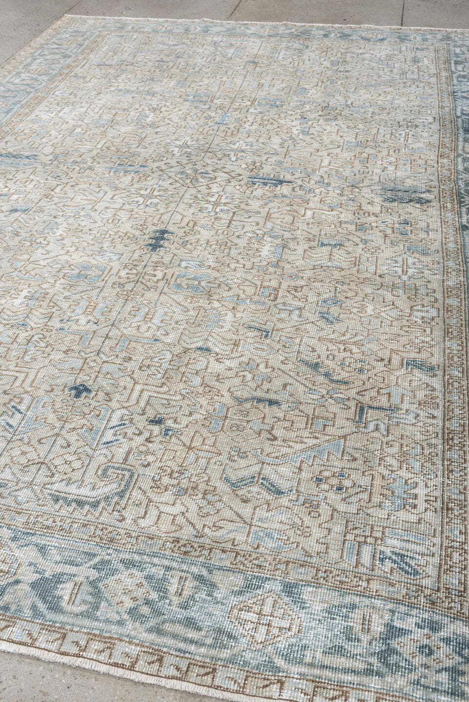 8' x 11' one-of-a-kind handmade antique Heriz large size rug. Color palette: ivory, slate blue, taupe, blue gray, camel