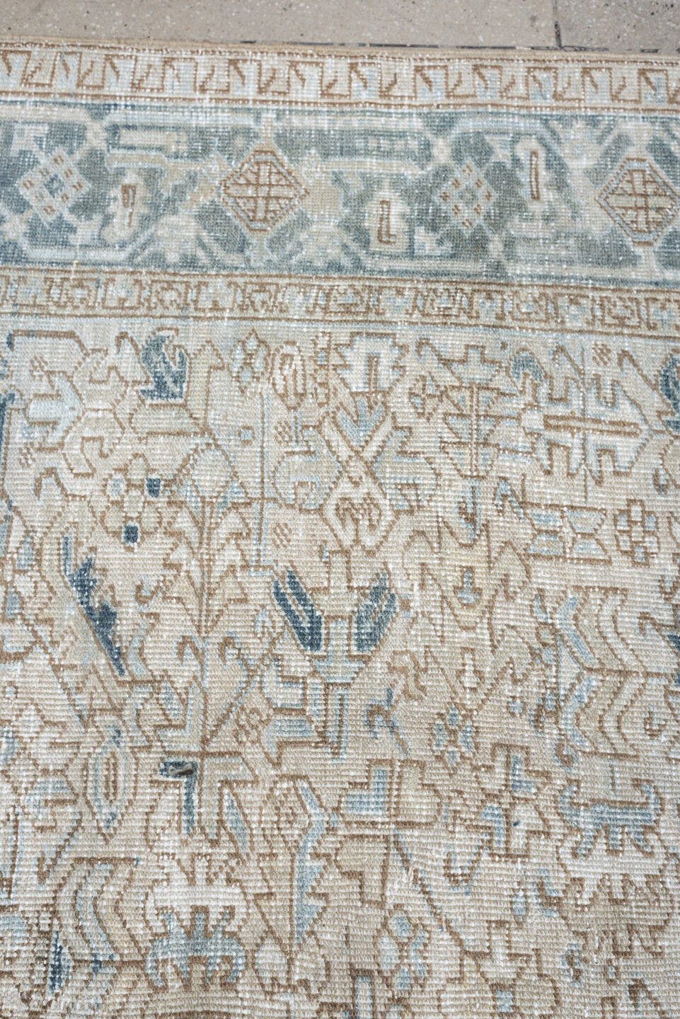 8' x 11' one-of-a-kind handmade antique Heriz large size rug. Color palette: ivory, slate blue, taupe, blue gray, camel