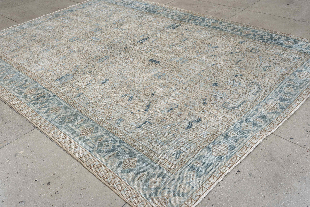 8' x 11' one-of-a-kind handmade antique Heriz large size rug. Color palette: ivory, slate blue, taupe, blue gray, camel