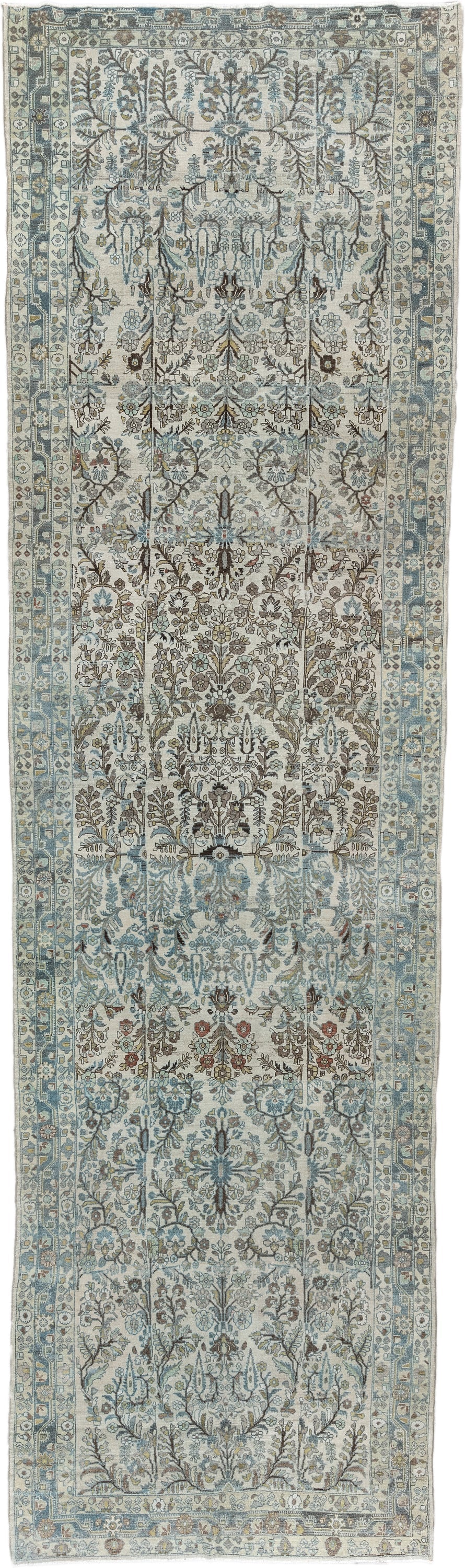 5' x 19' one-of-a-kind handmade antique Lilian rug. Color palette: ivory, powder blue, sage, taupe, brown, soft rust