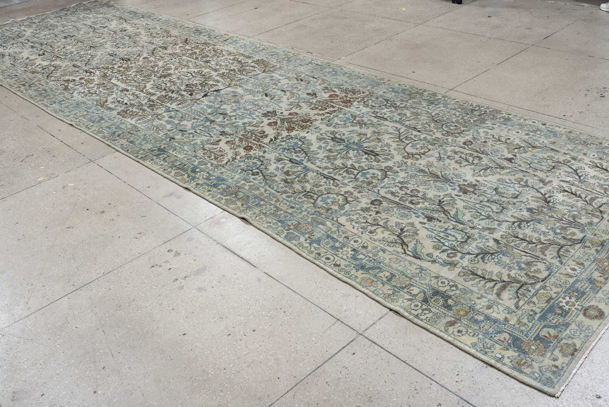 5' x 19' one-of-a-kind handmade antique Lilian rug. Color palette: ivory, powder blue, sage, taupe, brown, soft rust