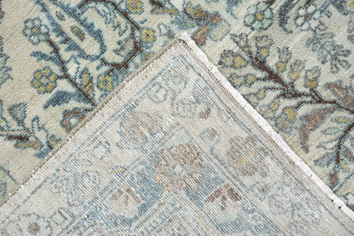 5' x 19' one-of-a-kind handmade antique Lilian rug. Color palette: ivory, powder blue, sage, taupe, brown, soft rust