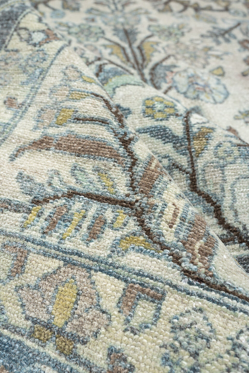 5' x 19' one-of-a-kind handmade antique Lilian rug. Color palette: ivory, powder blue, sage, taupe, brown, soft rust