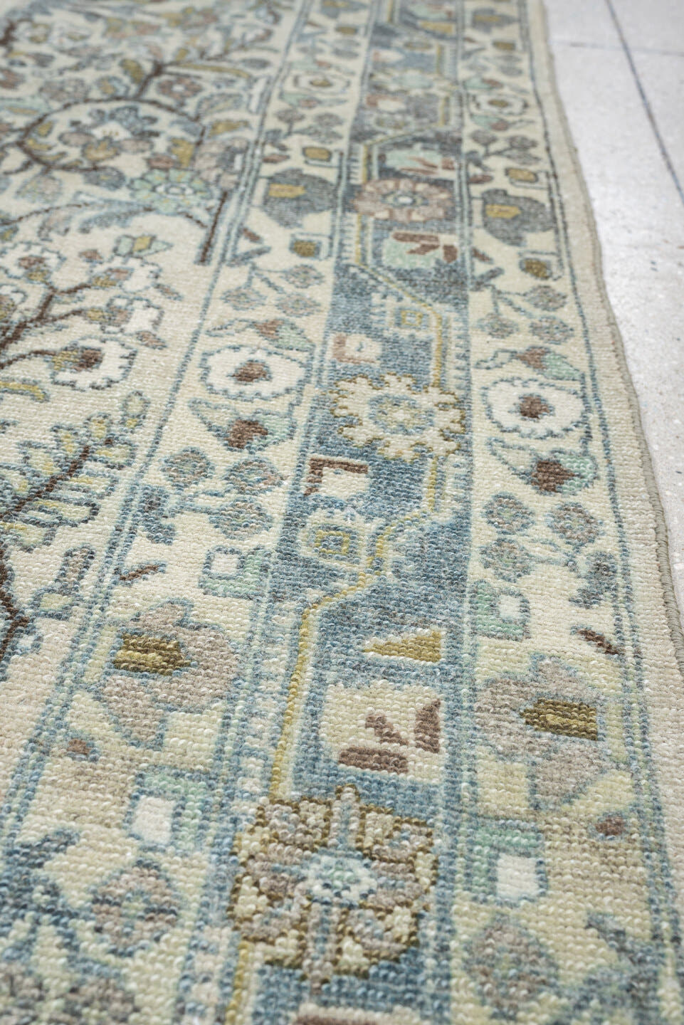 5' x 19' one-of-a-kind handmade antique Lilian rug. Color palette: ivory, powder blue, sage, taupe, brown, soft rust