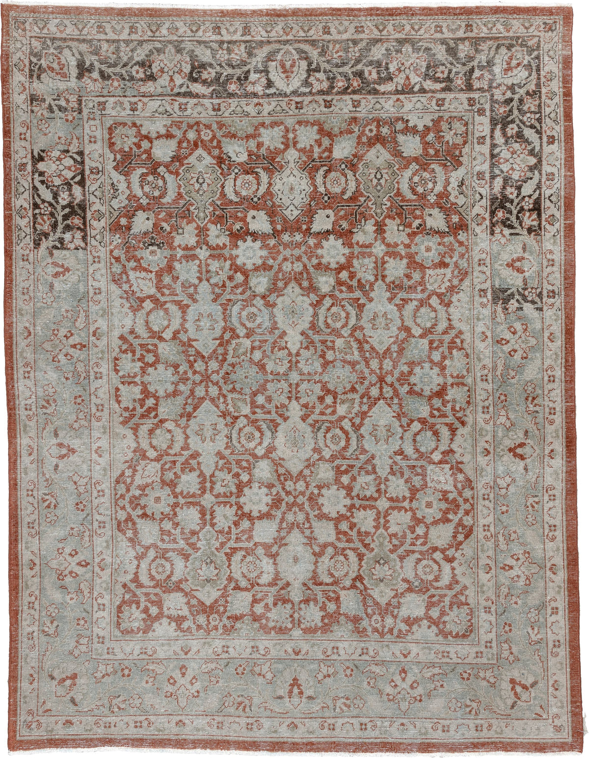 6' x 8' one-of-a-kind handmade antique Mahal medium size rug. Color palette: terracotta, ivory, pale blue gray, rust