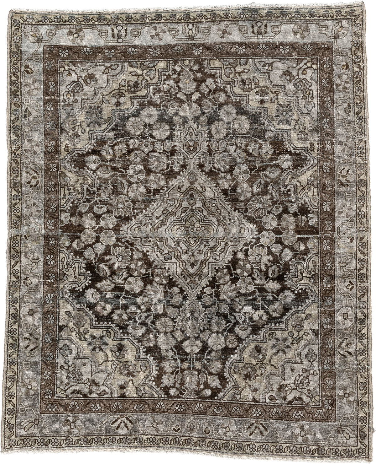 3' x 4' one-of-a-kind handmade antique Malayer small size rug. Color palette: brown, ivory, taupe, charcoal, camel, slate