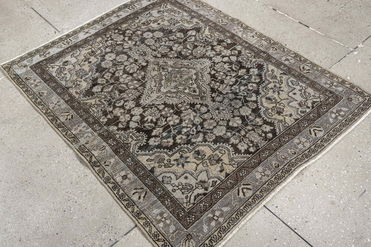 3' x 4' one-of-a-kind handmade antique Malayer small size rug. Color palette: brown, ivory, taupe, charcoal, camel, slate