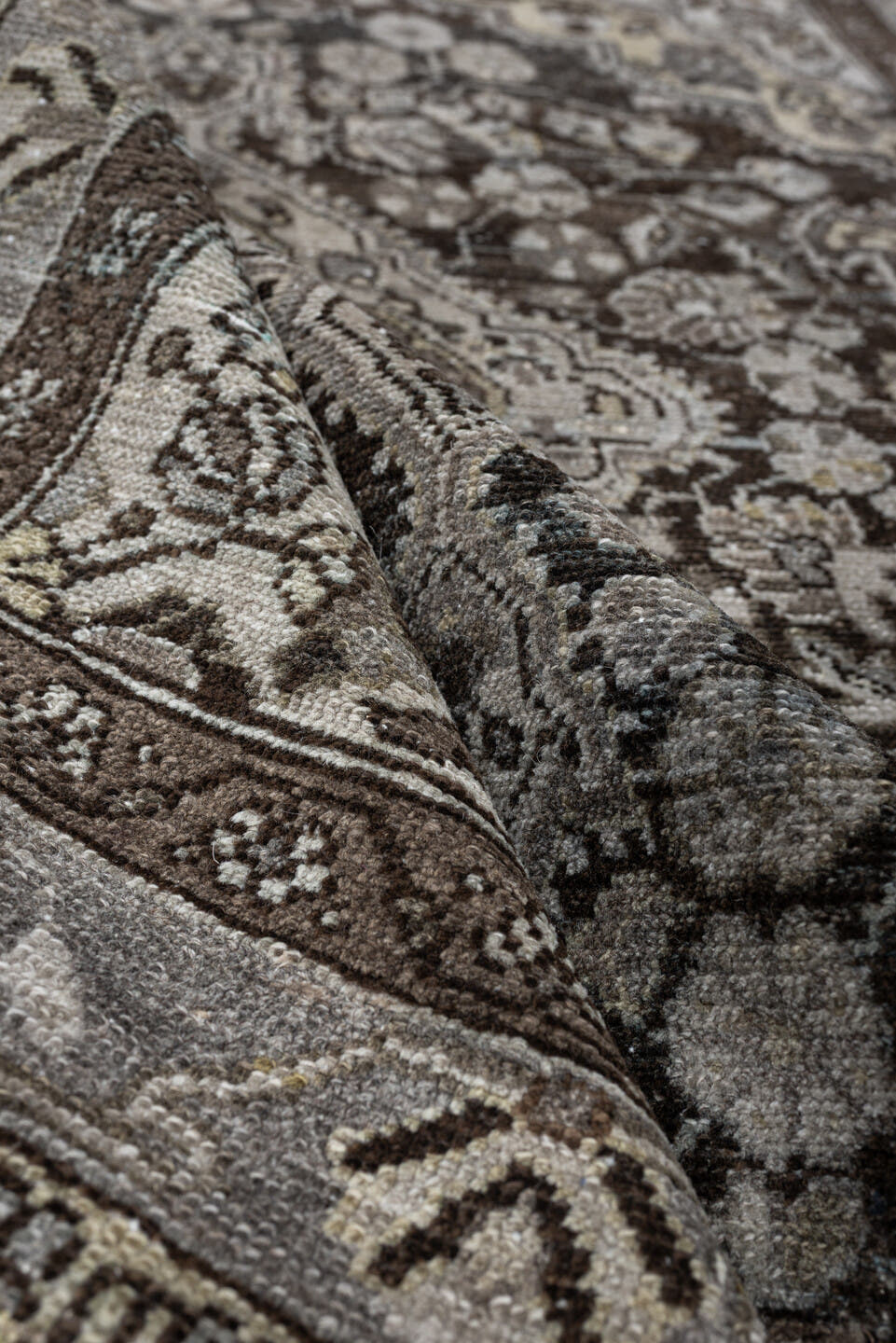 3' x 4' one-of-a-kind handmade antique Malayer small size rug. Color palette: brown, ivory, taupe, charcoal, camel, slate