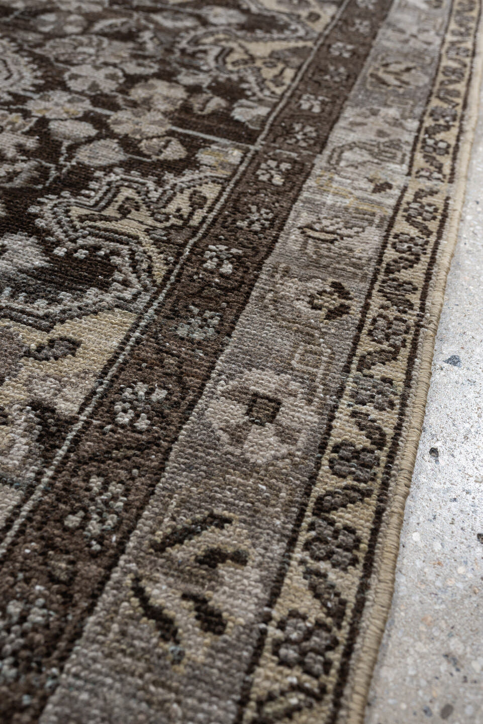 3' x 4' one-of-a-kind handmade antique Malayer small size rug. Color palette: brown, ivory, taupe, charcoal, camel, slate