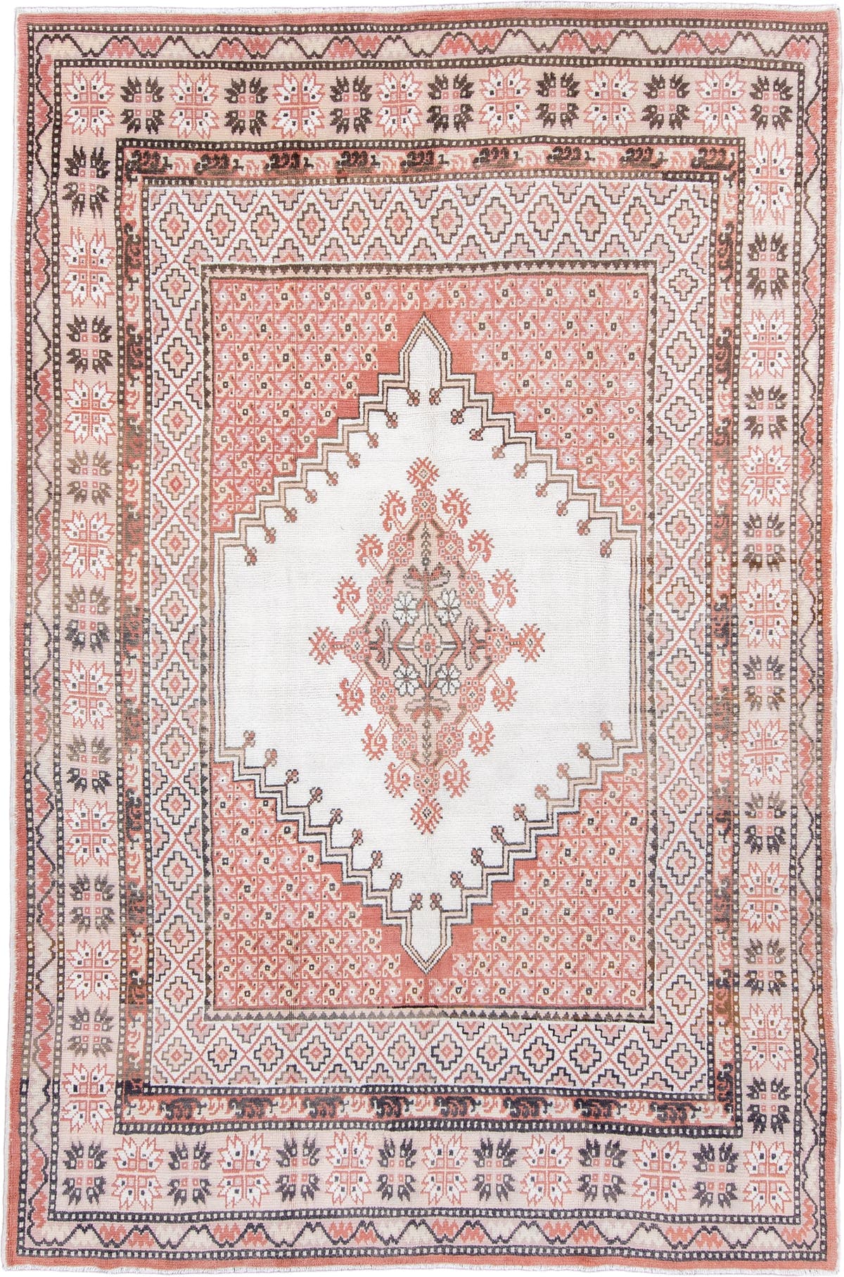 7' x 10' one-of-a-kind handmade antique Moroccan large size rug. Color palette: ivory, terracotta, charcoal, dark brown