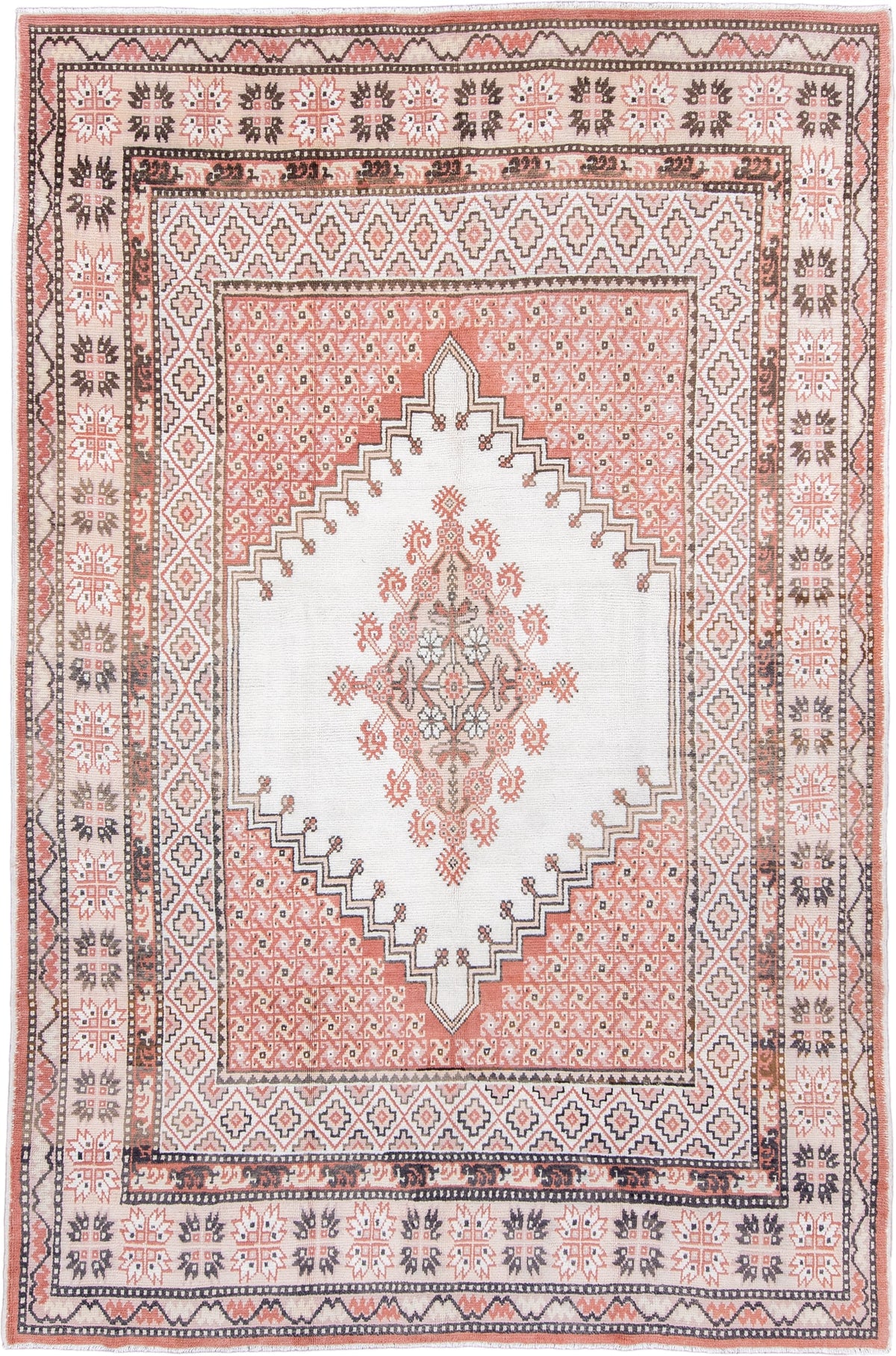 7' x 10' one-of-a-kind handmade antique Moroccan large size rug. Color palette: ivory, terracotta, charcoal, dark brown