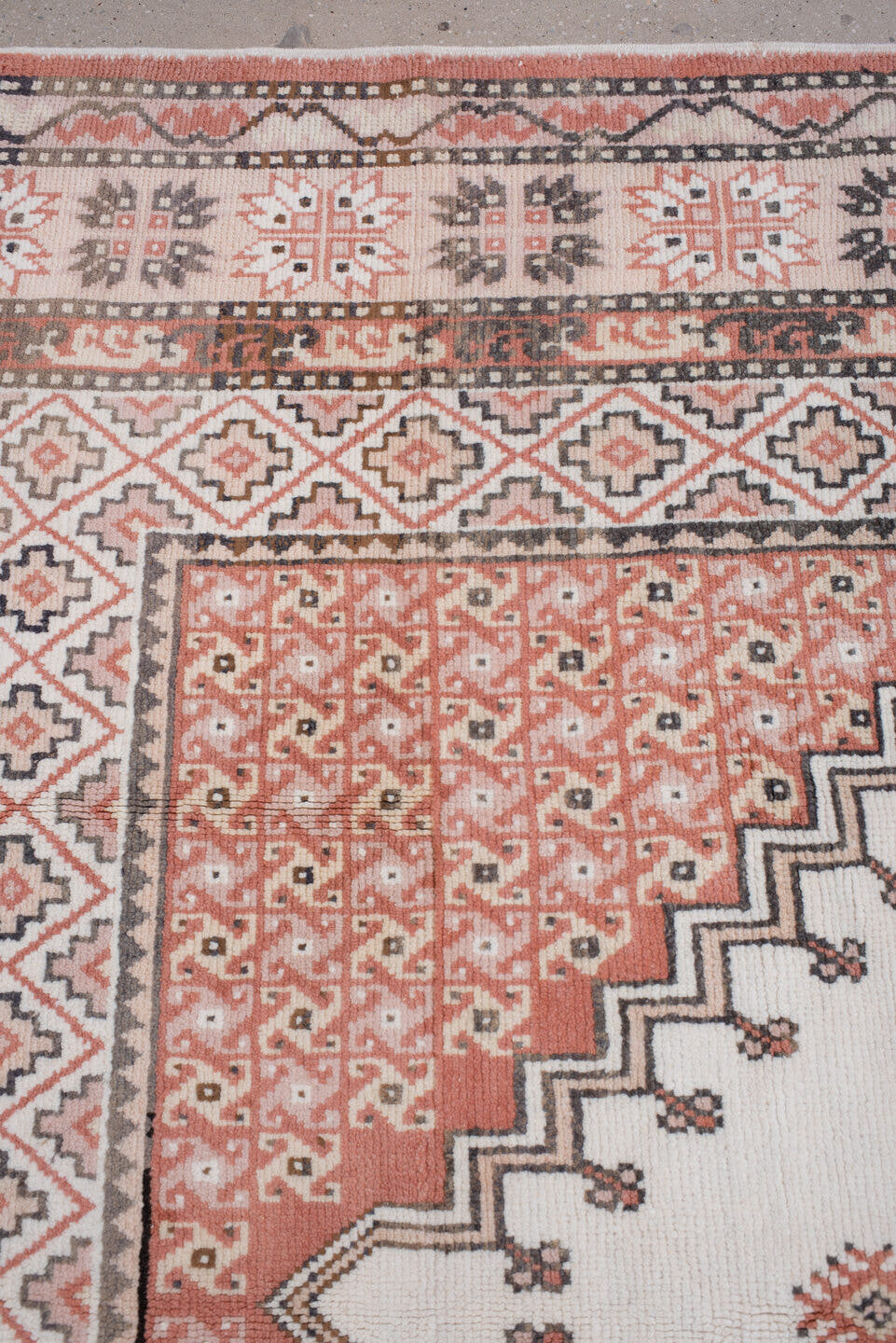 7' x 10' one-of-a-kind handmade antique Moroccan large size rug. Color palette: ivory, terracotta, charcoal, dark brown