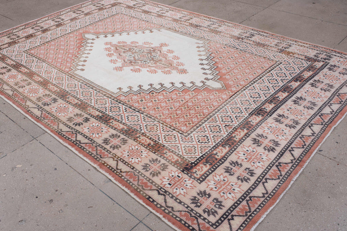 7' x 10' one-of-a-kind handmade antique Moroccan large size rug. Color palette: ivory, terracotta, charcoal, dark brown