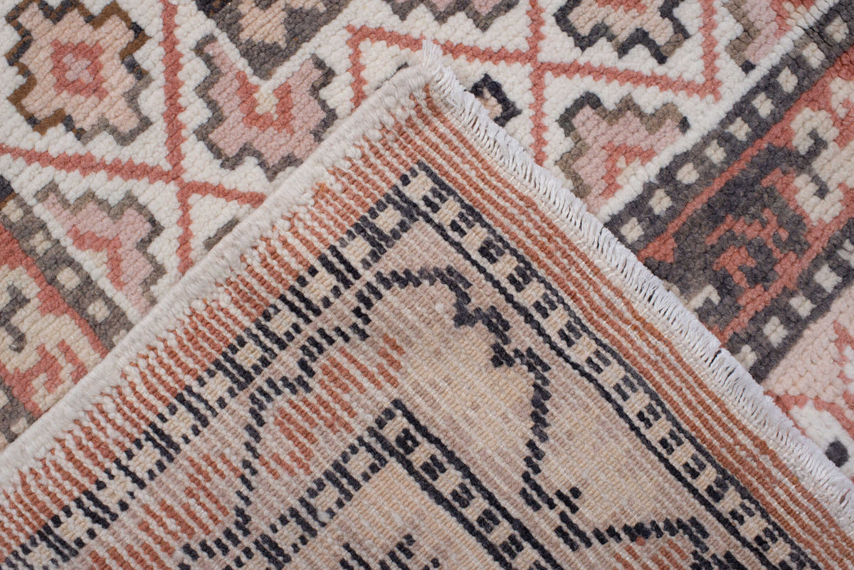 7' x 10' one-of-a-kind handmade antique Moroccan large size rug. Color palette: ivory, terracotta, charcoal, dark brown