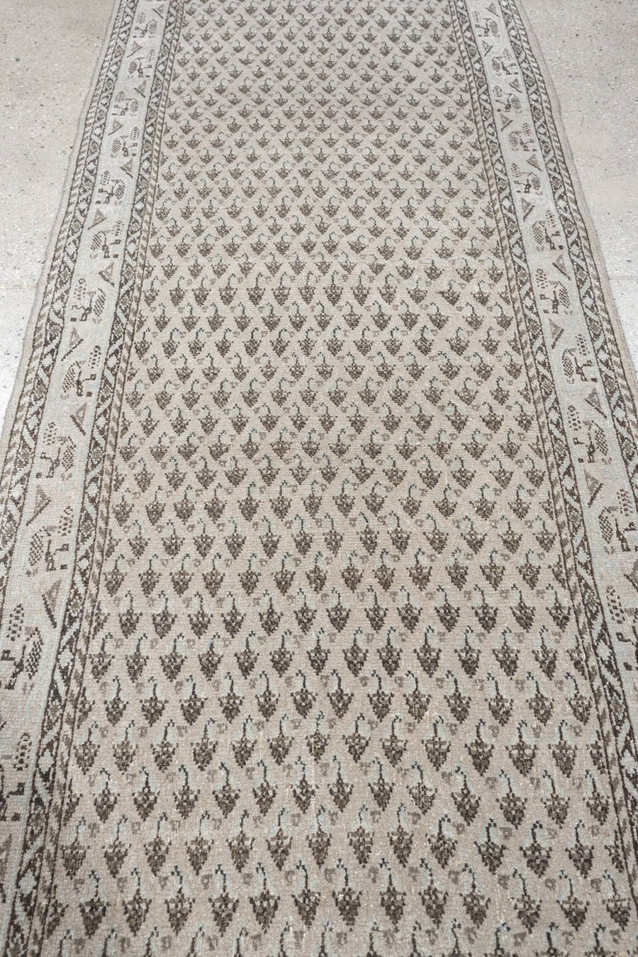2' x 10' one-of-a-kind handmade antique Mir runner rug. Color palette: ivory, taupe, charcoal, brown, cream, slate, beige