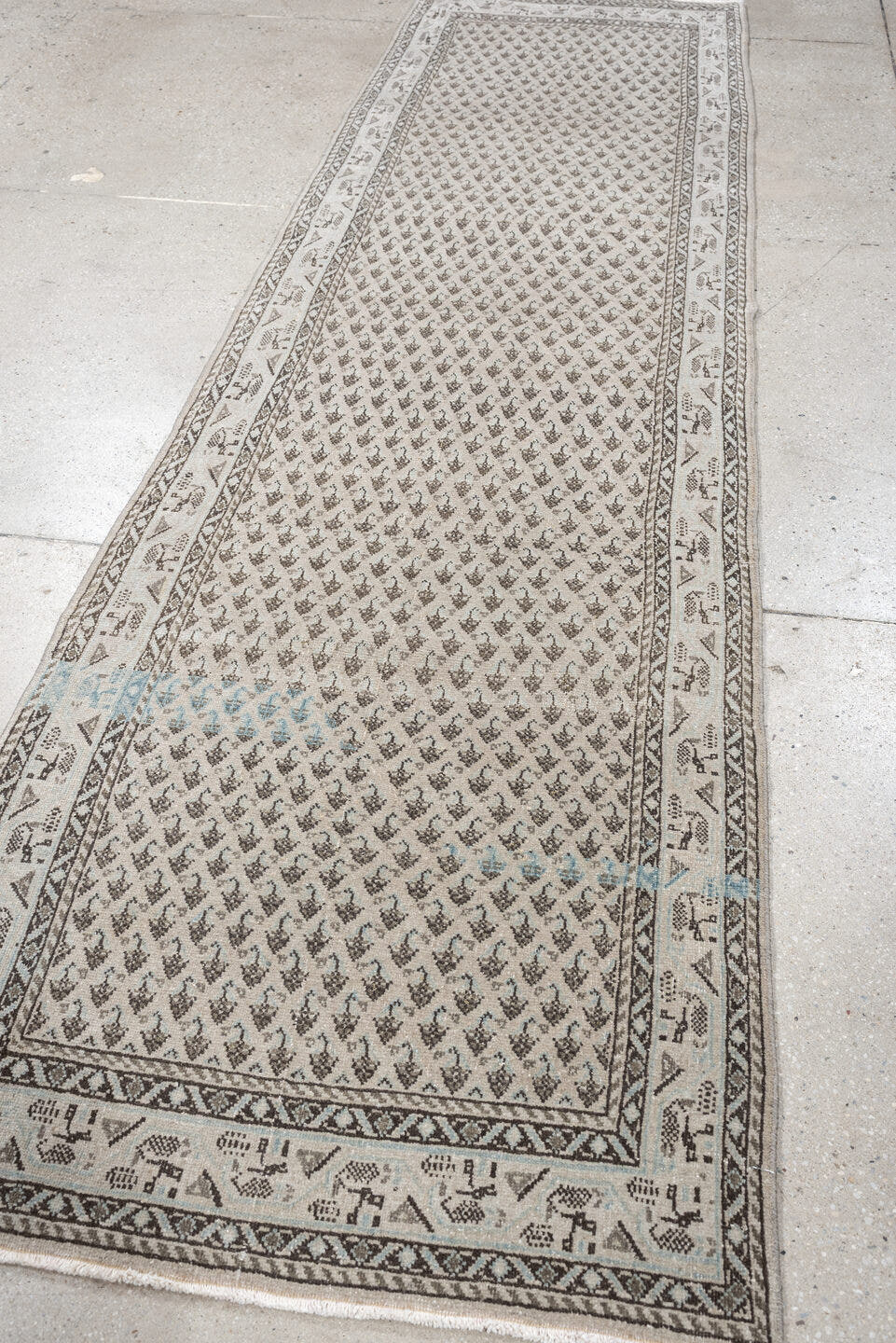 2' x 10' one-of-a-kind handmade antique Mir runner rug. Color palette: ivory, taupe, charcoal, brown, cream, slate, beige